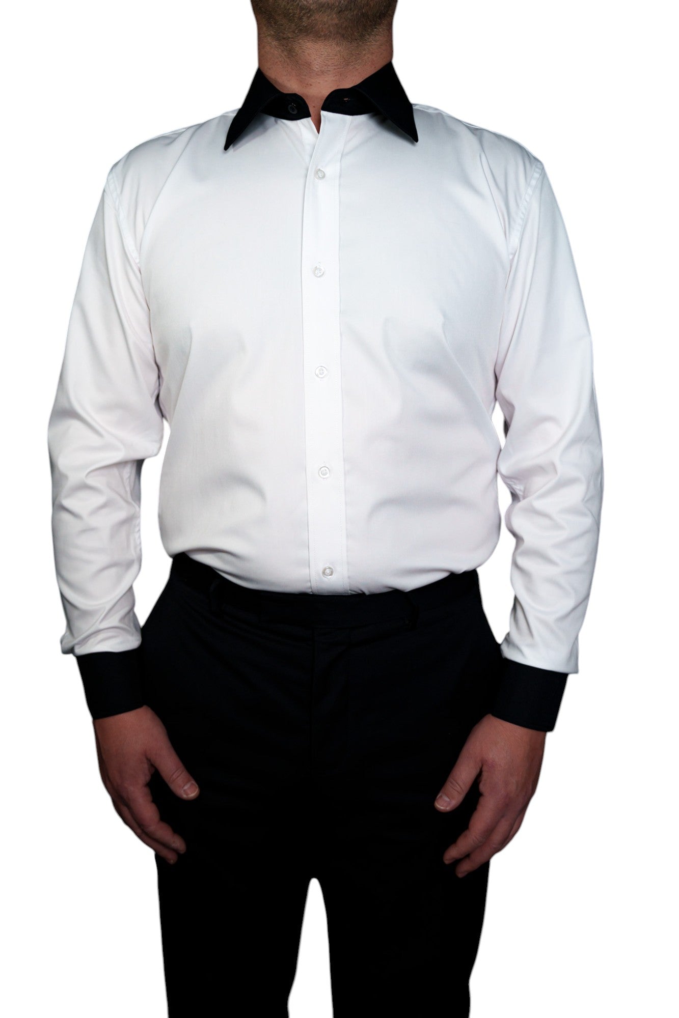 WHITE PANDA TUX SHIRT – BLACK COLLAR AND CUFFS