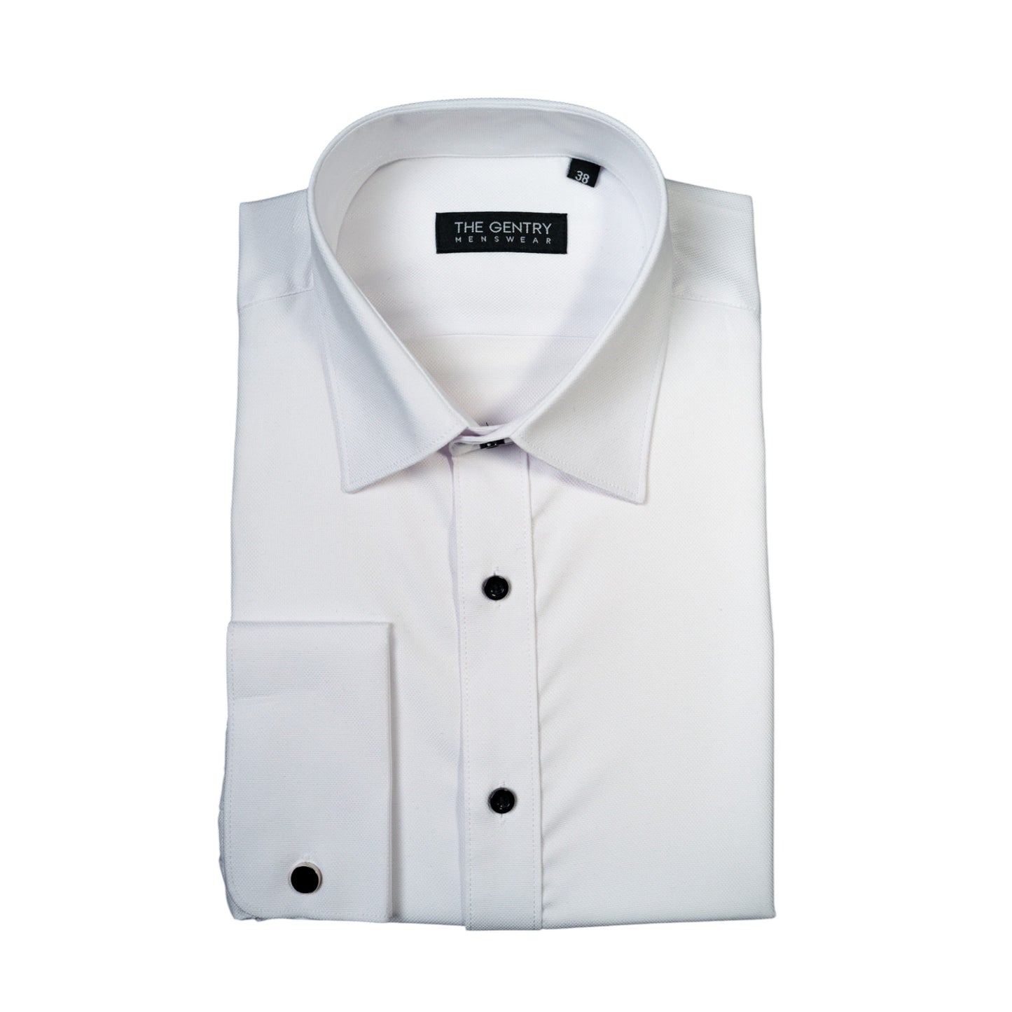 WHITE TUX SHIRT – TEXTURED FABRIC, BLACK BUTTONS & FRENCH CUFF