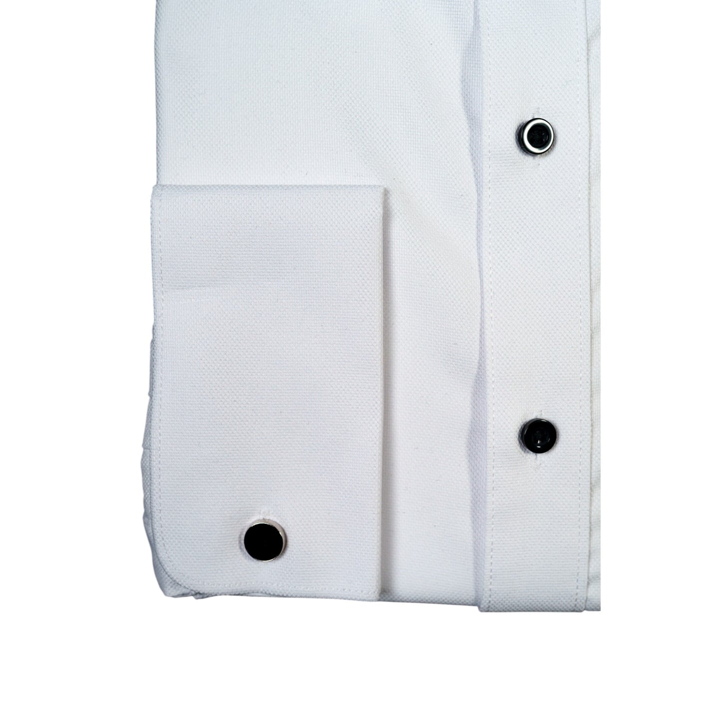 WHITE TUX SHIRT – TEXTURED FABRIC, BLACK BUTTONS & FRENCH CUFF