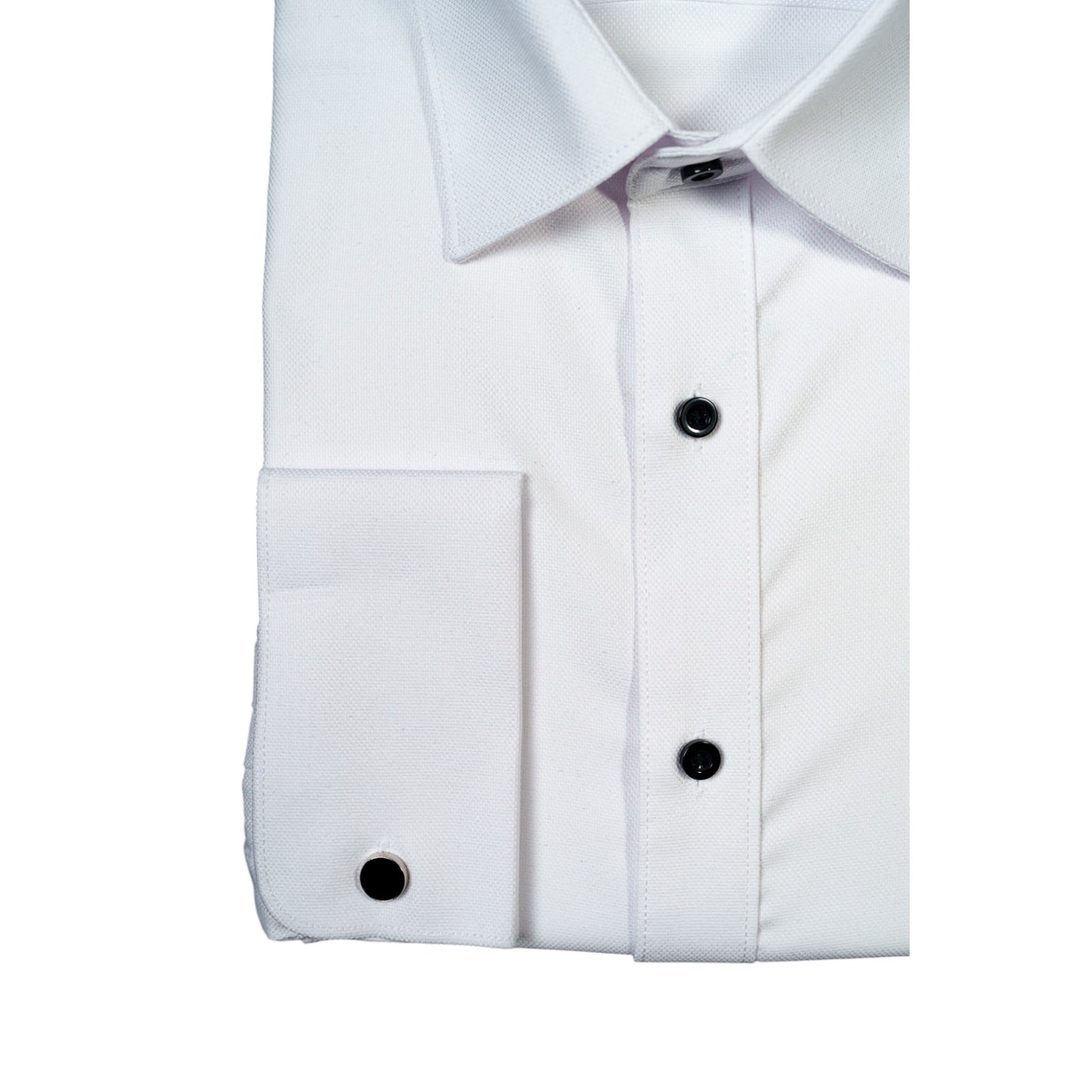 WHITE TUX SHIRT – TEXTURED FABRIC, BLACK BUTTONS & FRENCH CUFF