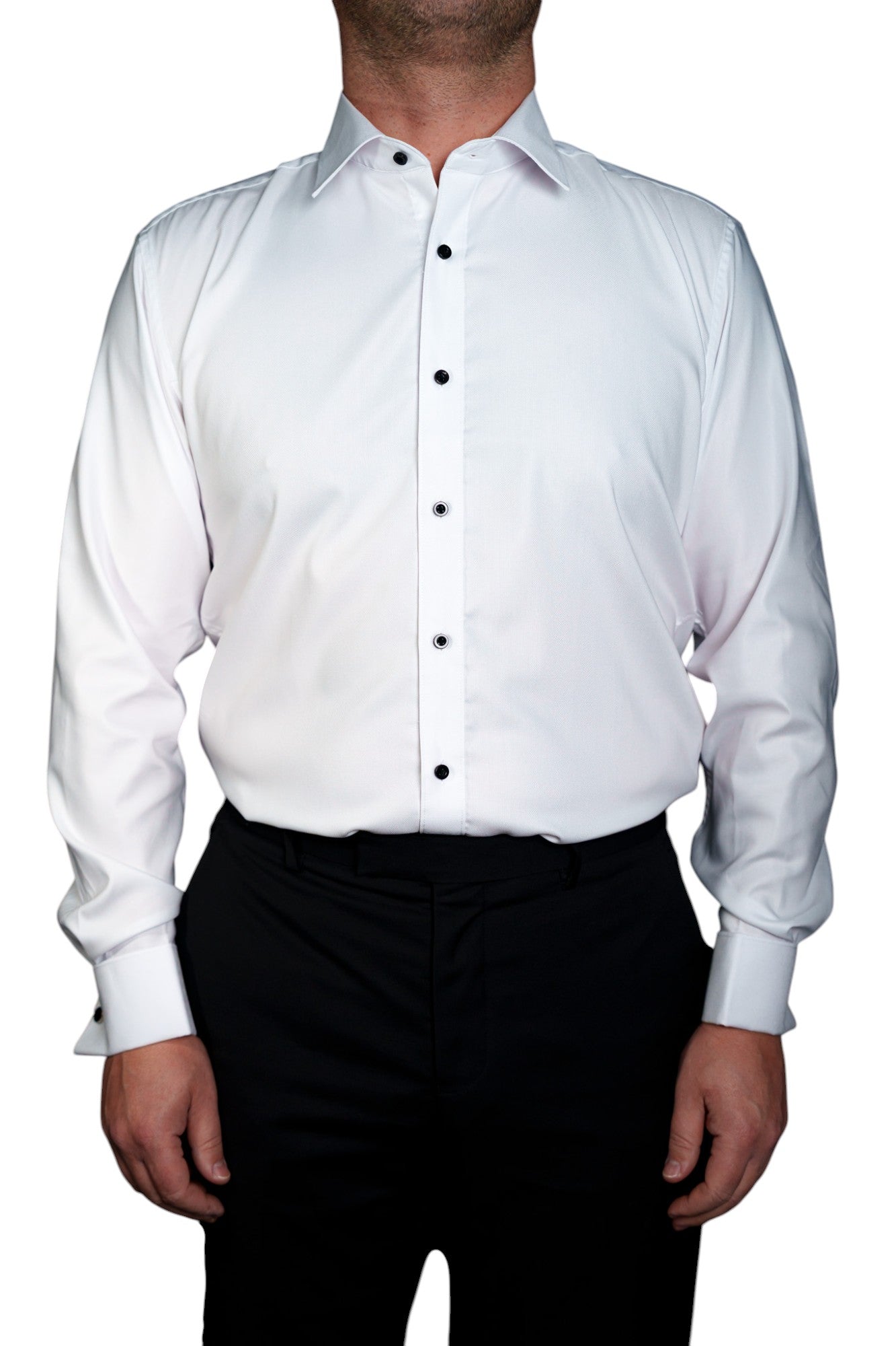 WHITE TUX SHIRT – TEXTURED FABRIC, BLACK BUTTONS & FRENCH CUFF