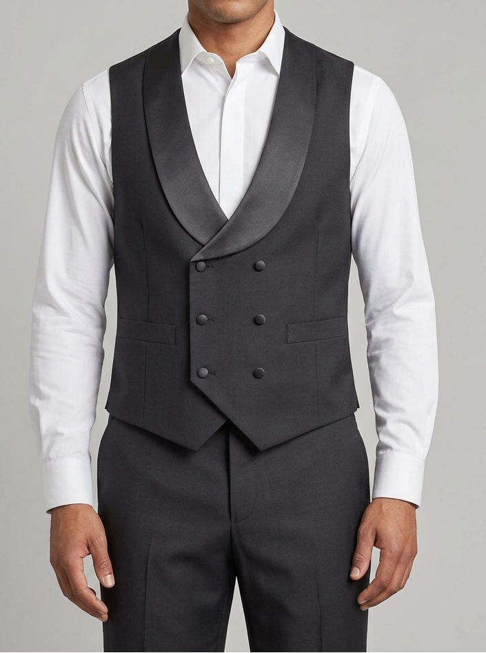 TGM double-breasted black tuxedo vest with satin shawl lapel