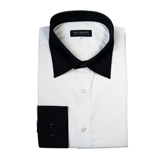 WHITE PANDA TUX SHIRT – BLACK COLLAR AND CUFFS