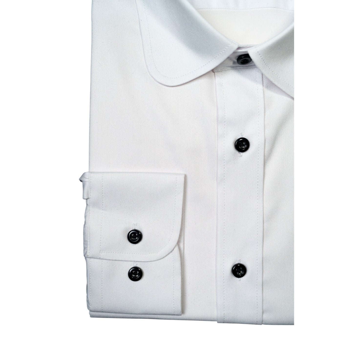 WHITE TUX SHIRT – BLACK BUTTONS & ROUND COLLAR