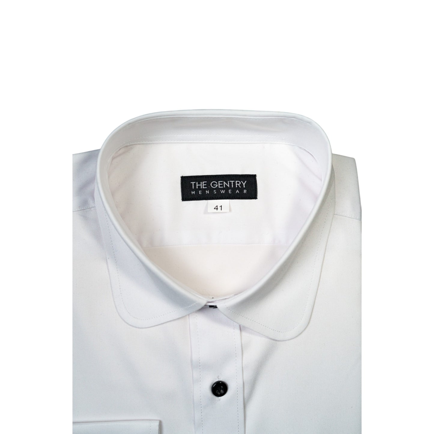 WHITE TUX SHIRT – BLACK BUTTONS & ROUND COLLAR