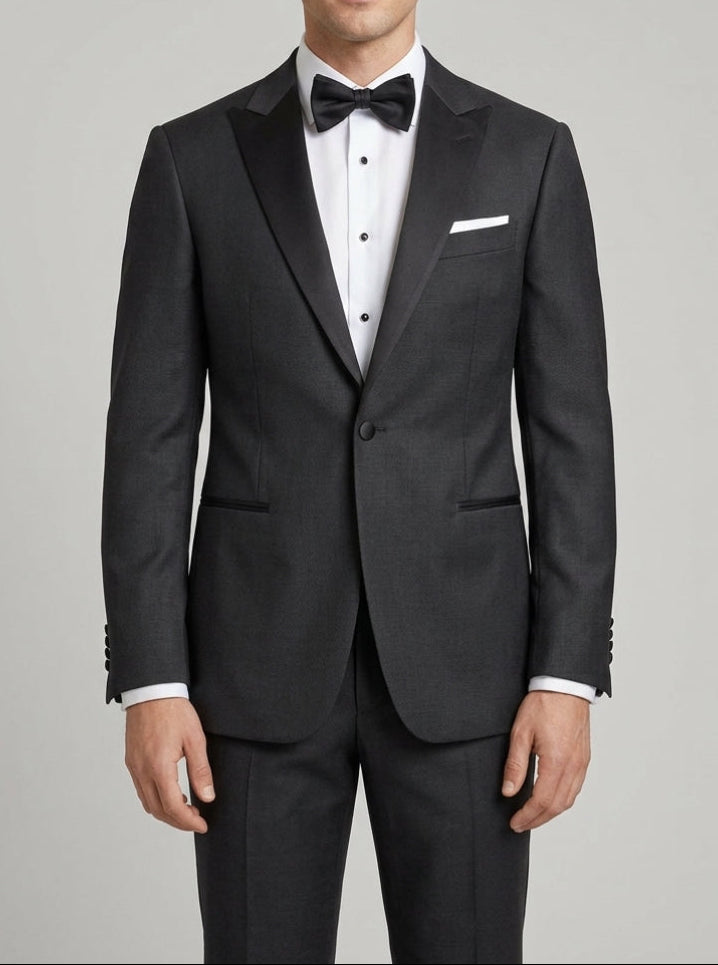 Men's textured black satin peak lapel tuxedo by The Gentry Menswear