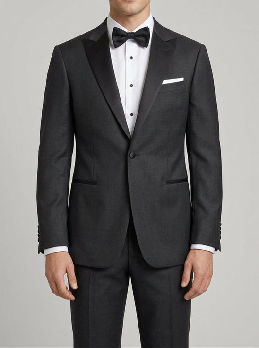 Men's textured black satin peak lapel tuxedo by The Gentry Menswear