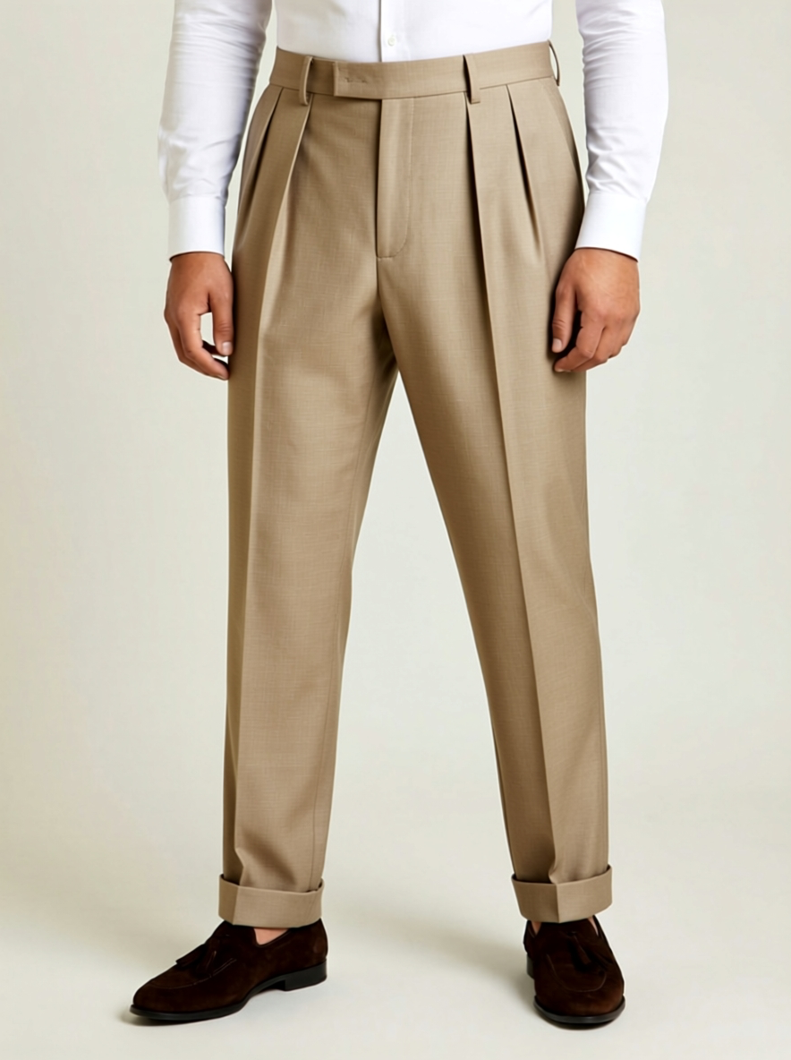 TGM Italian Style beige 100% wool double pleat trousers with wide waistband