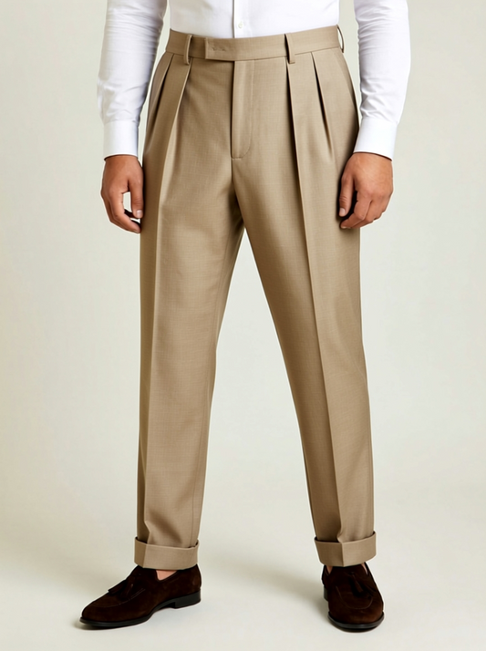TGM Italian Style beige 100% wool double pleat trousers with wide waistband
