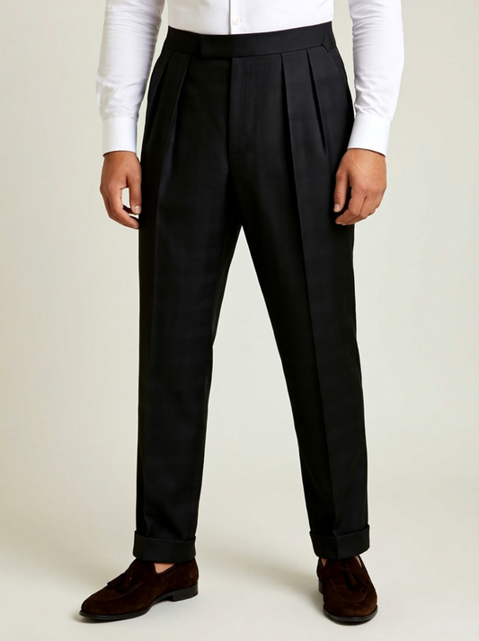 TGM Italian Style black wool double pleat trousers with wide waistband
