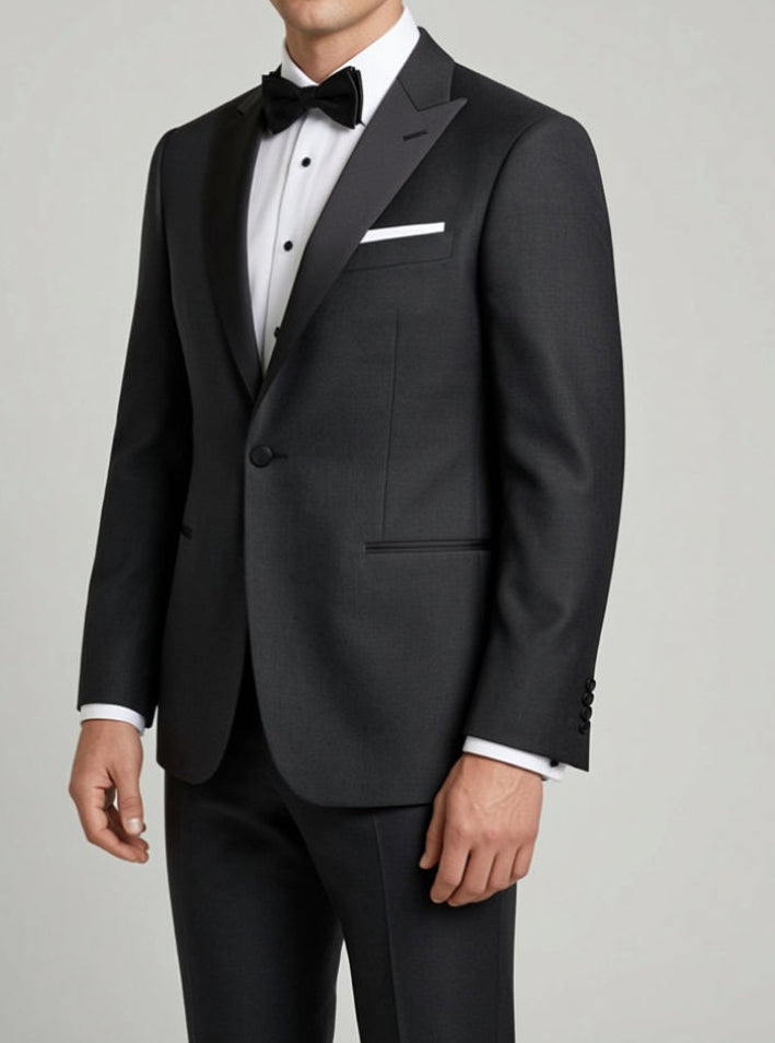 TGM textured black wedding tuxedo with peak lapel