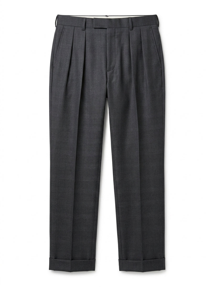 Charcoal wool tailored trousers with wide waistband and double front pleats