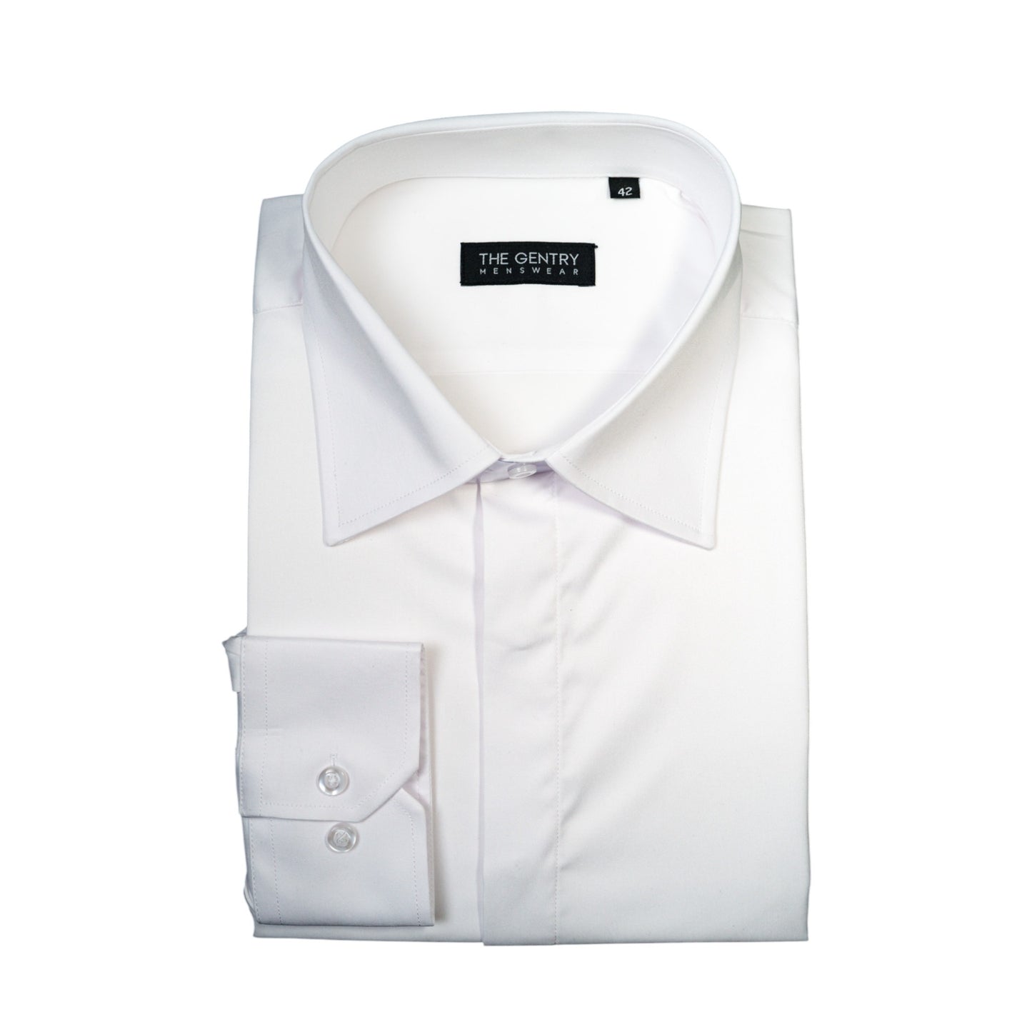 WHITE TUX SHIRT – HIDDEN BUTTON FRONT