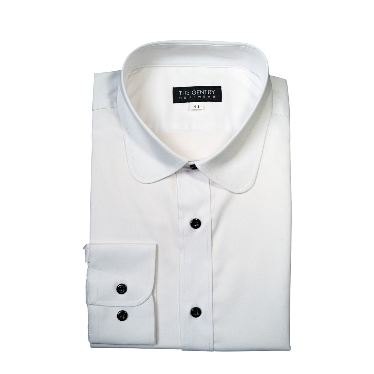 WHITE TUX SHIRT – BLACK BUTTONS & ROUND COLLAR