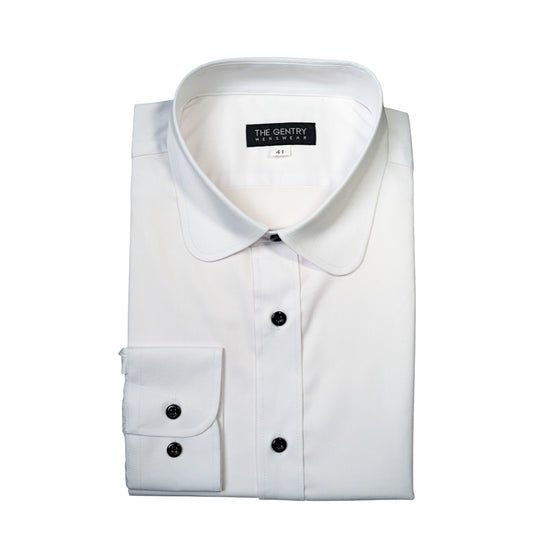 WHITE TUX SHIRT – BLACK BUTTONS & ROUND COLLAR