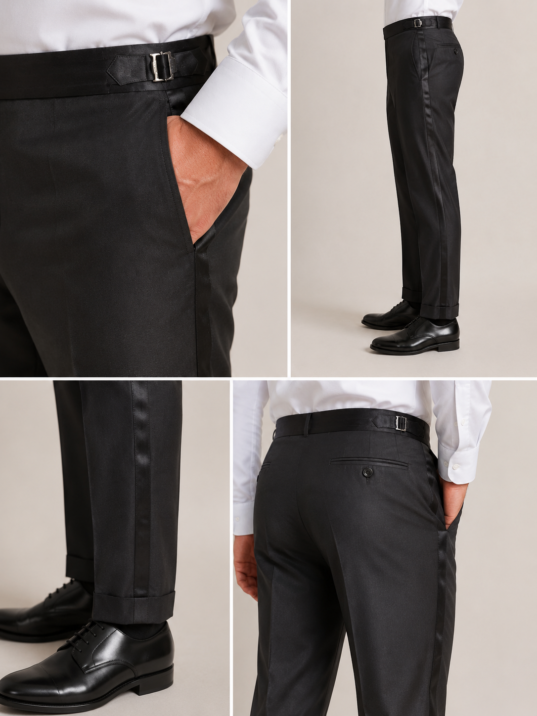 TGM black tuxedo trousers with satin side stripe