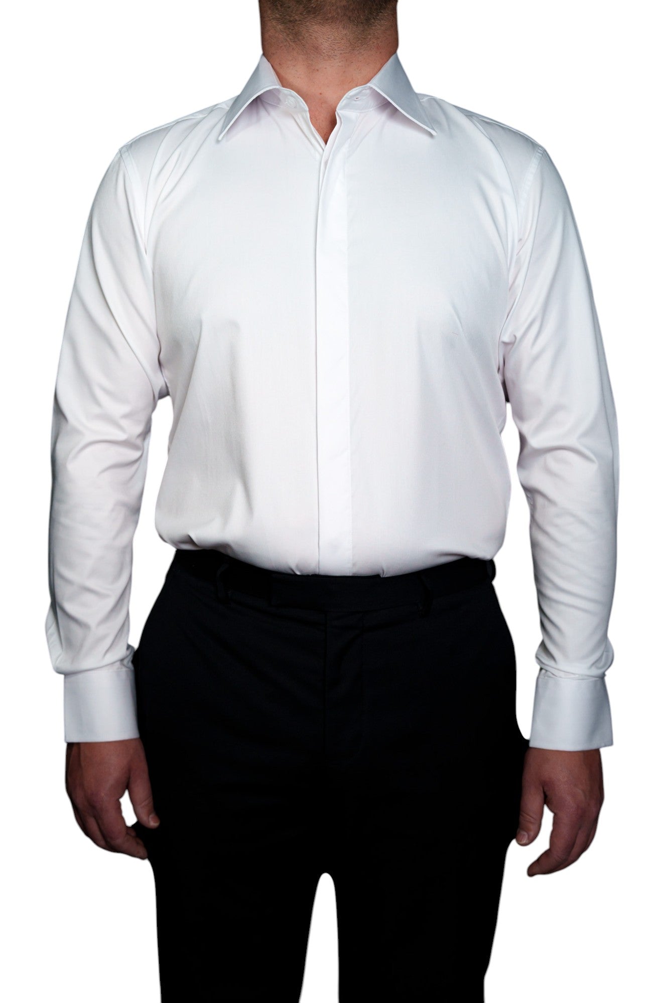WHITE TUX SHIRT – HIDDEN BUTTON FRONT