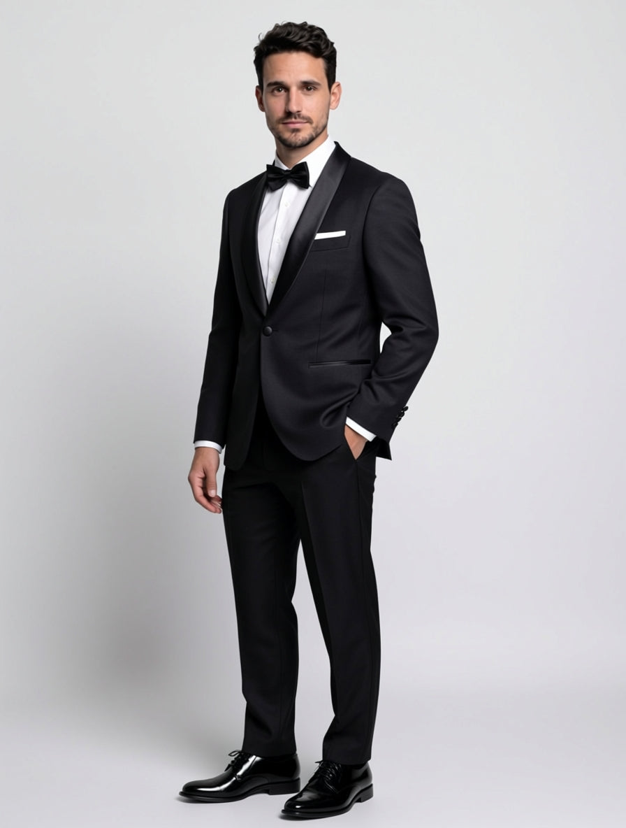 Men's textured black satin shawl lapel tuxedo by The Gentry Menswear