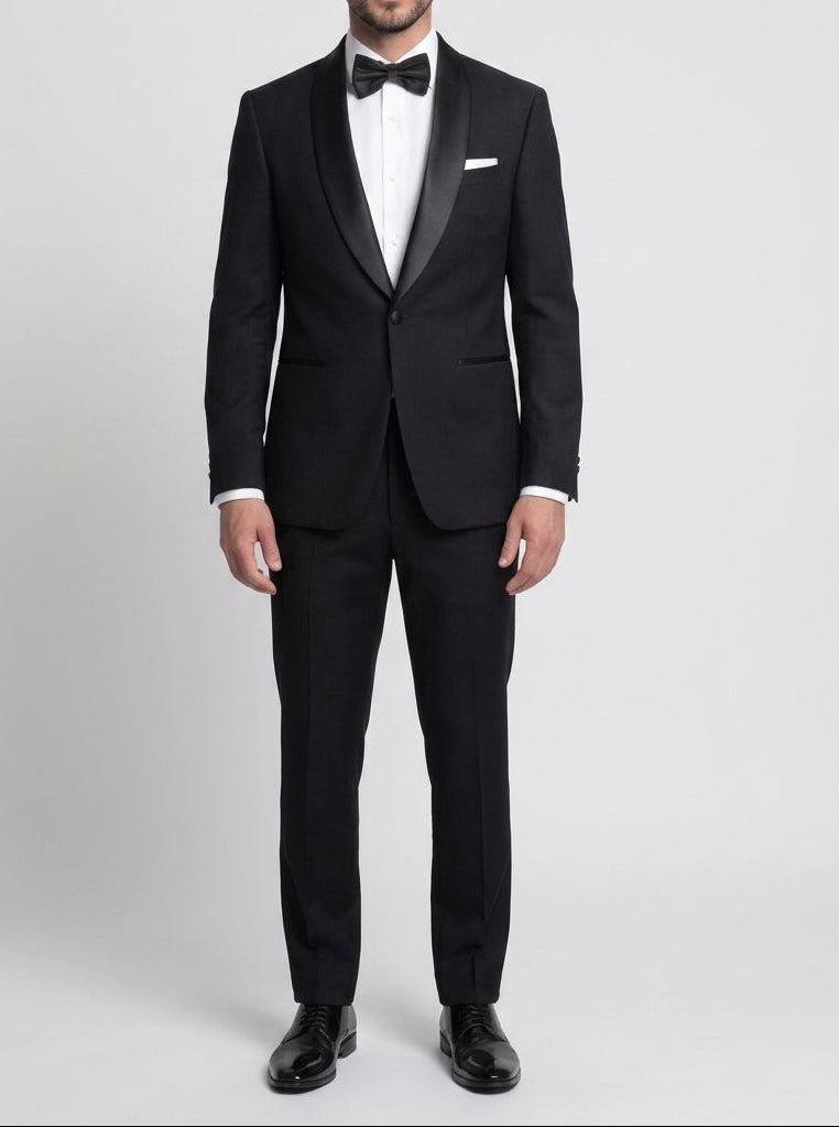 Men's textured black satin shawl lapel tuxedo by The Gentry Menswear