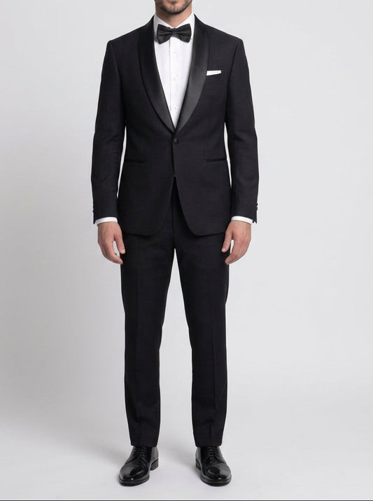 Men's textured black satin shawl lapel tuxedo by The Gentry Menswear