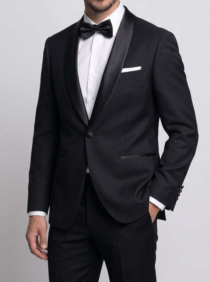 Men's textured black satin shawl lapel tuxedo by The Gentry Menswear