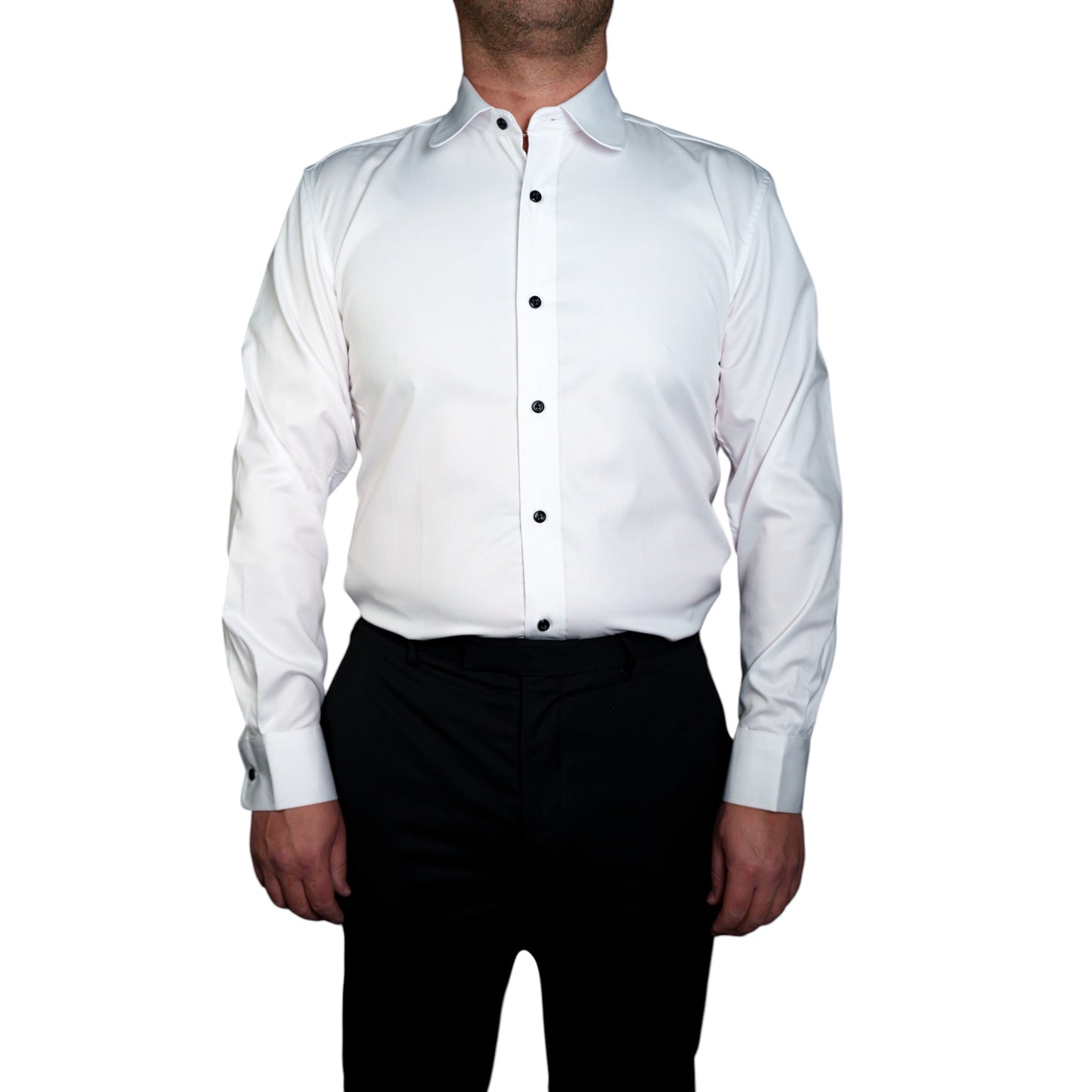 WHITE TUX SHIRT – BLACK BUTTONS & ROUND COLLAR