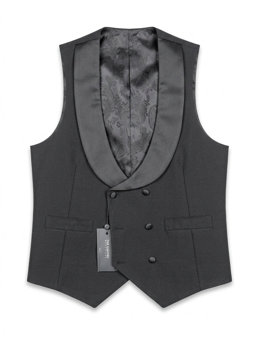 TGM double-breasted black tuxedo vest with satin shawl lapel