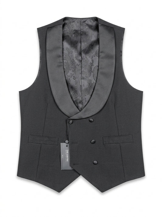 TGM double-breasted black tuxedo vest with satin shawl lapel